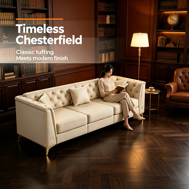 Ensemble de canapé modulaire en similicuir Chesterfield, canapé à trois places et fauteuil, beige / blanc, Beige / Blanc