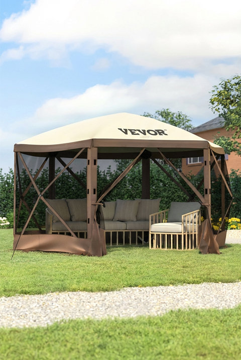Vevor brown pop-up outdoor gazebo with mosquito netting set up over patio furniture on a lawn.