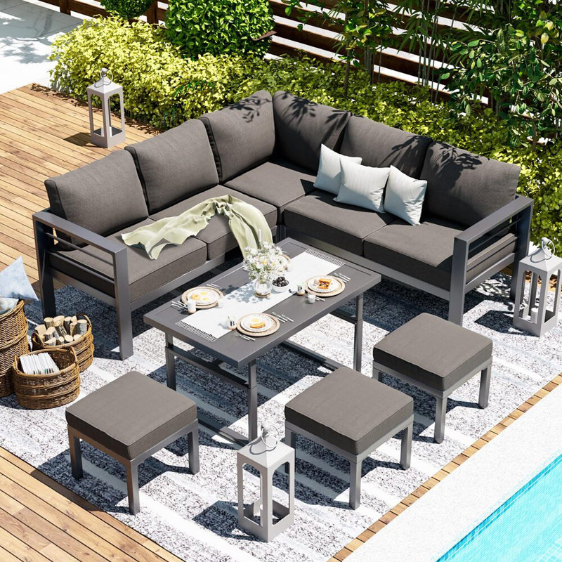 Wicker 8 - Person Garden Lounge Set with Cushions, Black