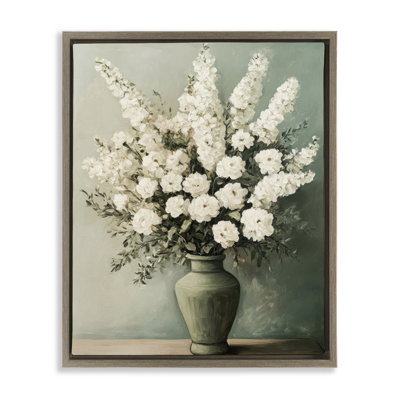 Fleurs blanches dans un cadre flottant dans un vase vert, design par Petal Prints Design, H 31 po x l 25 po