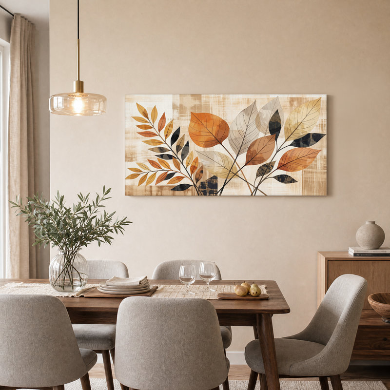 Rouille, noir et crème, feuilles stylisées, art mural, 58“W x 28”H