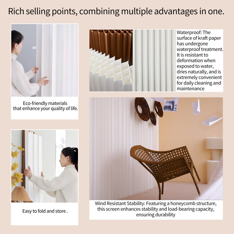 Folding Room Divider, Freestanding No Drill Expandable Paper Partition, Double-Sided Fish Scale & Accordion Pleat Screen, Lightweight Privacy Separator for Office & Shop Displays