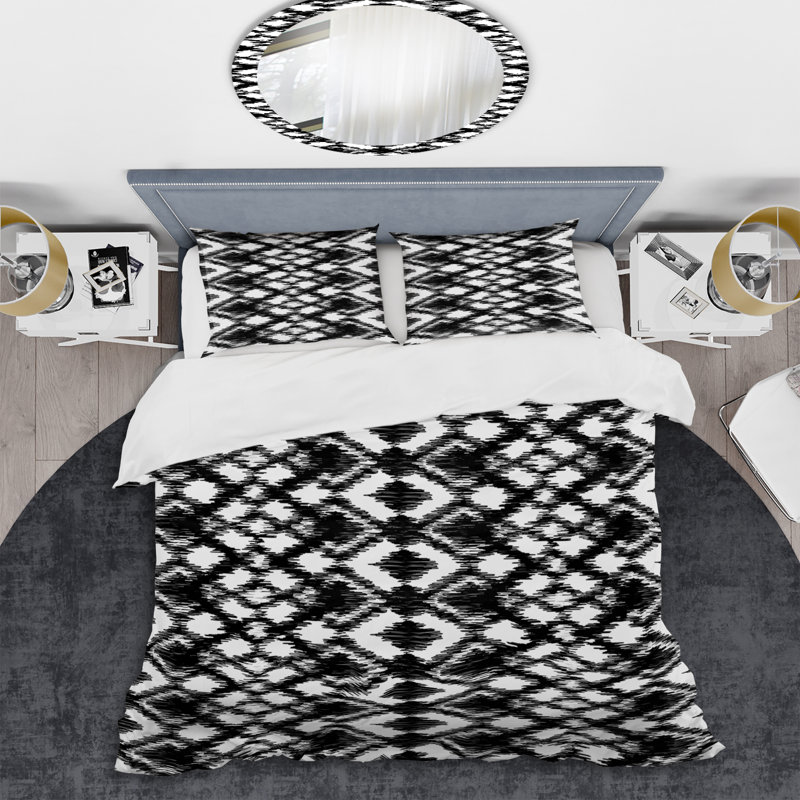 Ensemble de housse de couette blanc et noir à motif ikat, Housse de couette pour grand lit et 2 taies décor