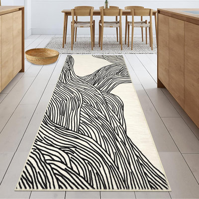 Plush Hallway Runner Rug – 350gsm Faux Lamb Wool, Machine Washable, Non-Slip, Modern Swimming Pattern for Entryway, Kitchen (Black & White)