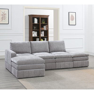 5pc Modular Living Room Sectional With Suede And Pillow Tops Contemporary Upholstery