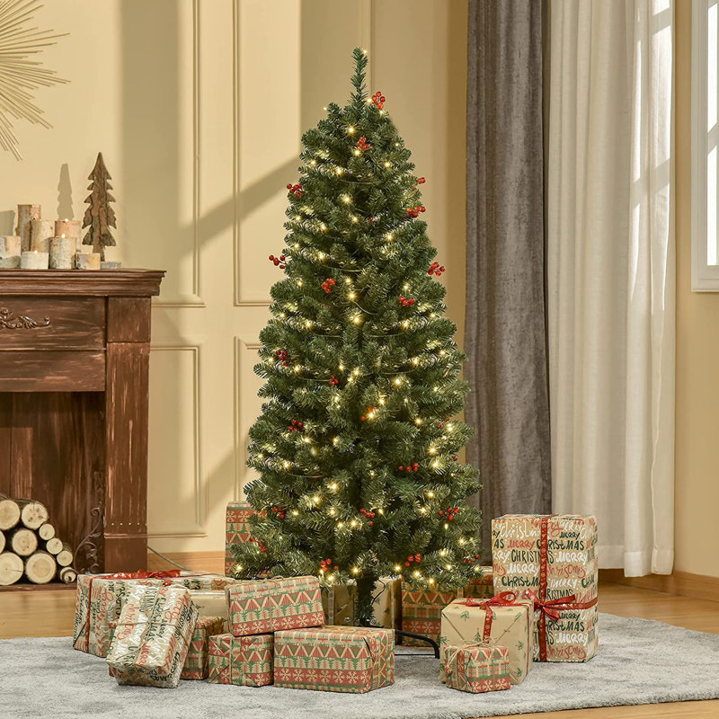HOMCOM Prelit Artificial Pencil Christmas Tree with Red Berry Green, 5' H