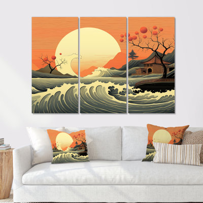Japanese Full Moon Wild Waves Cherry Blossom Tree - Abstract Landscape Wall Art Decor Set