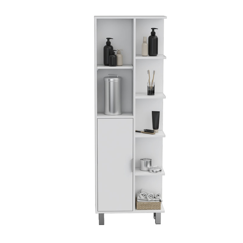 Armoire de salle de bain en lin Mott avec sept tablettes ouvertes, un tiroir et quatre pieds, blanc