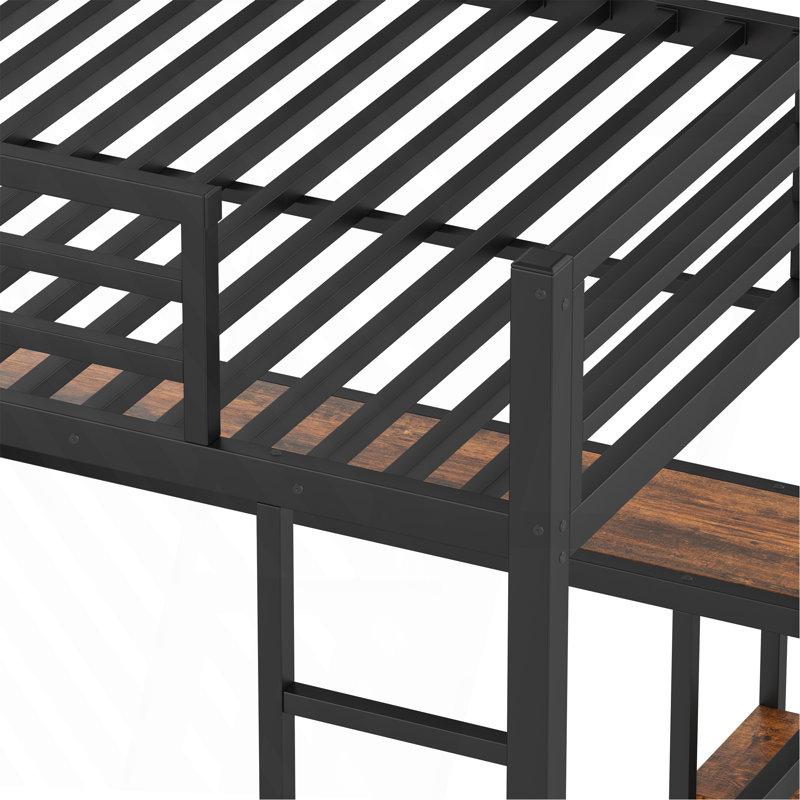 Queen Size Loft Bed Frame With Built-In Wardrobe, Metal Loft Bed With Desk And Storage Shelves, Woodgrain, Black
