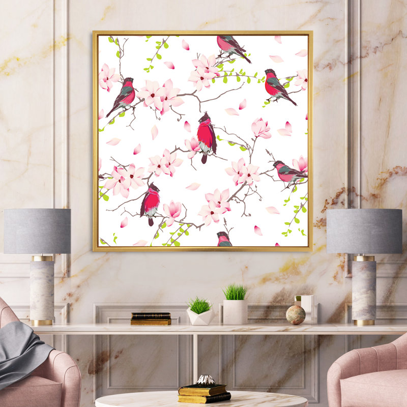 Red Bullfinches on Magnolia Tree - impression sur toile, Encadrement doré, H 36 po x l 36 po x P 1,5 po