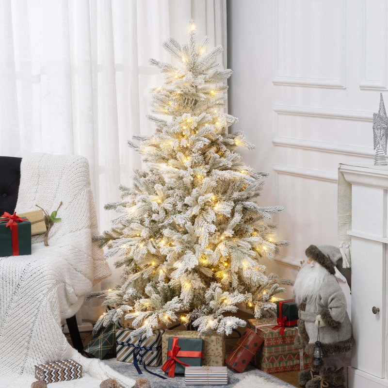 Arbre de Noël artificiel à charnière enneigé 5 pi avec lumière DEL blanc chaud et base en métal