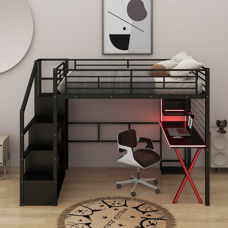 Lit mezzanine double en métal avec poste de travail, garde-robe, escalier de rangement et DEL, Noir, noir, noir, noir