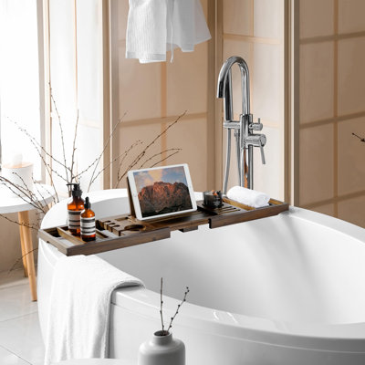 Teak Bathtub Tray | Adjustable Width Tray With Wine Holder, Tablet/Phone & Book Stand, Splash-Proof For Bath Time- Walnut