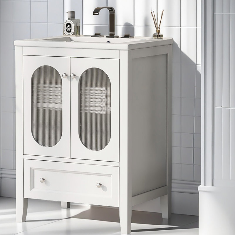 Meuble-lavabo 24 po avec lavabo, meuble-lavabo avec tiroir et portes, tablette réglable, bois massif et panneau de fibres à densité moyenne, blanc