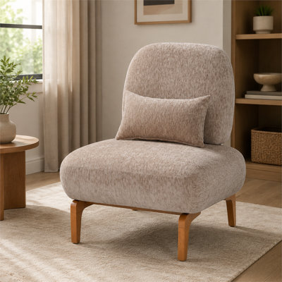 Modern armless high-back lounge chair with a curved wooden base, linen cushions, and lumbar support, suitable for living room, bedroom, or reading corner.