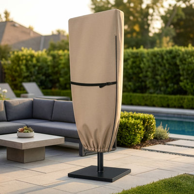 Extra Large Umbrella Cover - 600D Waterproof 50+ UV Protection Outdoor Umbrella Cover -Fits 15ft Double Sided Garden Patio Parasol with Metal Zipper and Foldable Lift Pole (Tan)