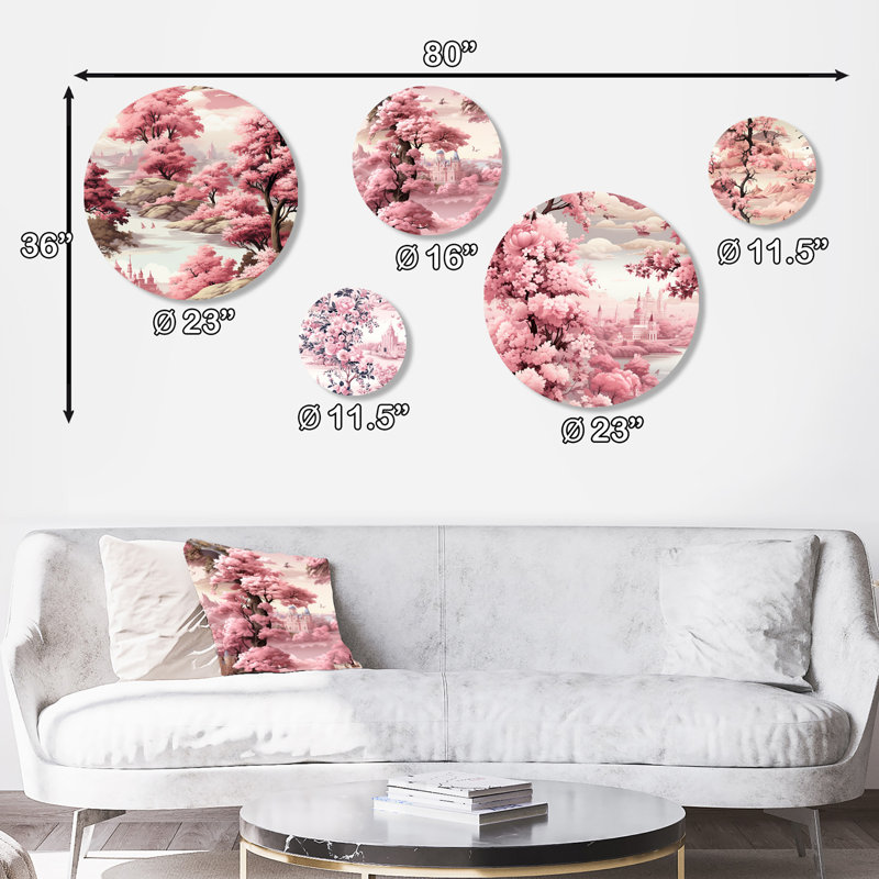 Victorian Castle Pink Floral Metal Wall Art Set of 5
