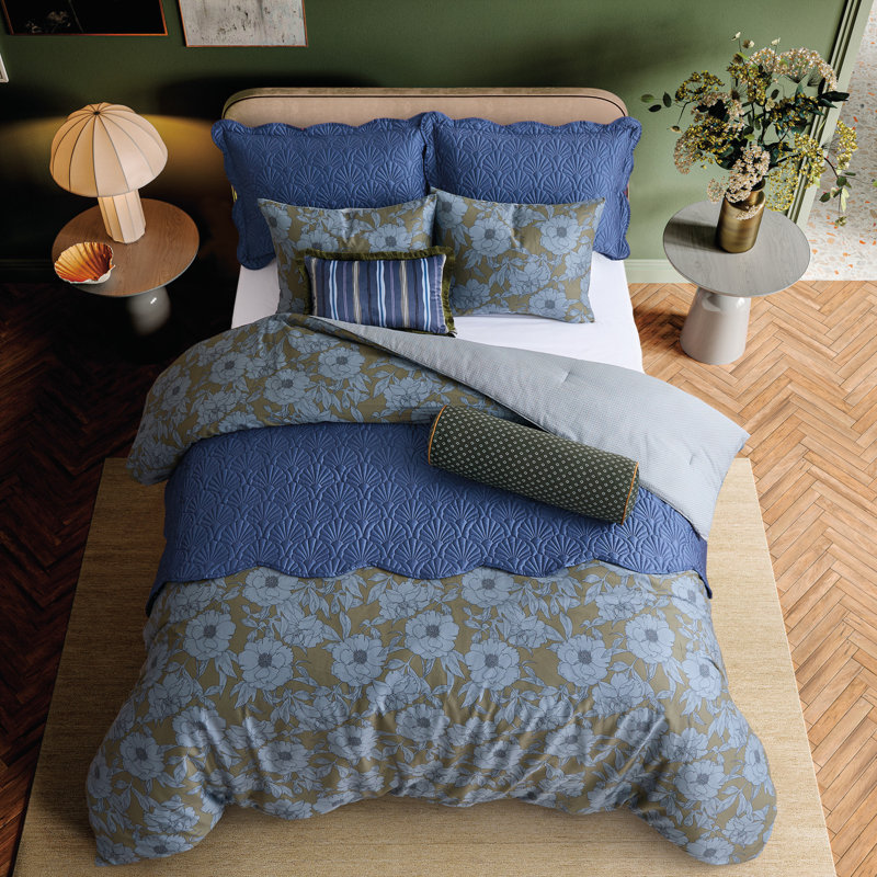Mood Floral Comforter Set, King Comforter + 2 Shams, Blue/Green