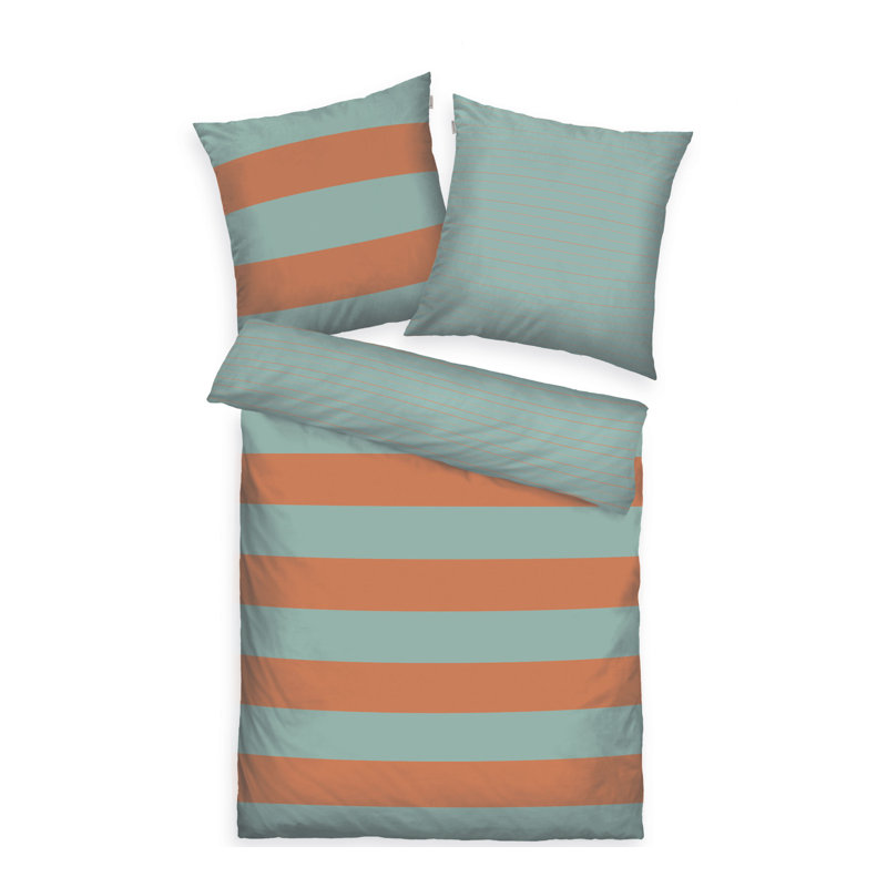 BOLD STRIPES Cotton Duvet Cover Set Set, 155 x 220 cm + 80 x 80 cm, Warm Coral/Fresh Sage
