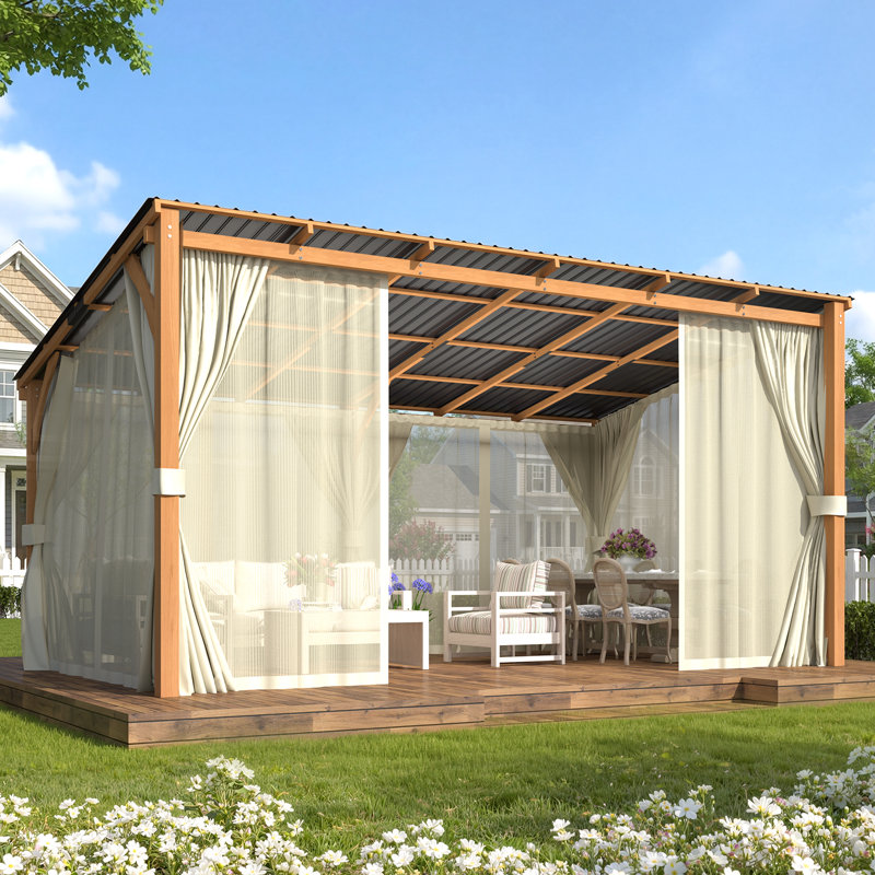 Pavillon de jardin extérieur en bois avec rideaux et filet pour terrasse, 96.5" H x 192" W x 115" D