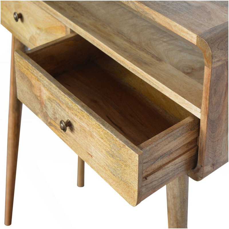 Console courbée Oak-Ish, pieds nordiques, 2 tiroirs, fente ouverte, brun