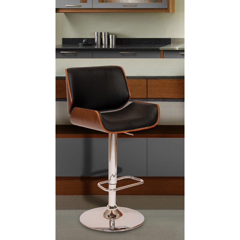 Cecillia Swivel Adjustable Height Barstool in Chrome, Walnut Wood and Faux Leather, Black Faux Leather