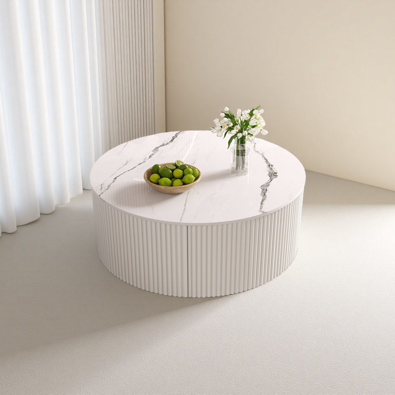 Table basse ronde moderne mobile avec roulettes, 2 tiroirs, plateau en pierre frittée à motif marbré