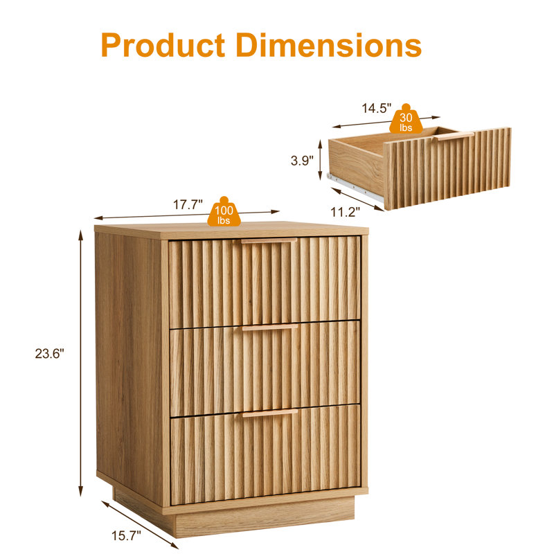 23.6“ 3-Drawer Nightstand, Brown