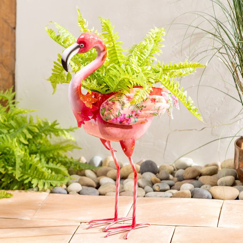 Metal Floral Flamingo Statue Planter, 24in