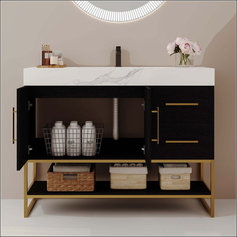 Meuble-lavabo sur pied 36 po avec lavabo en céramique sans couture 36 po, Black, Blanc
