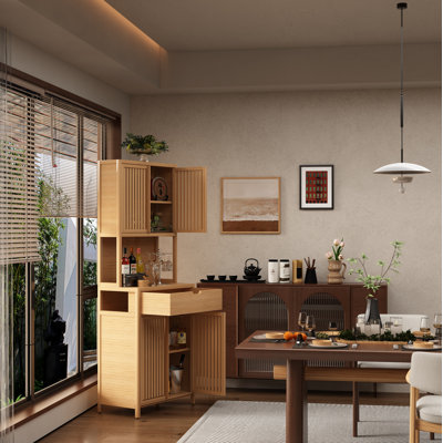 72-foot-tall, wood-coloured, double-door bamboo high-capacity storage cabinet for main living spaces such as dining rooms, bedrooms, and living rooms