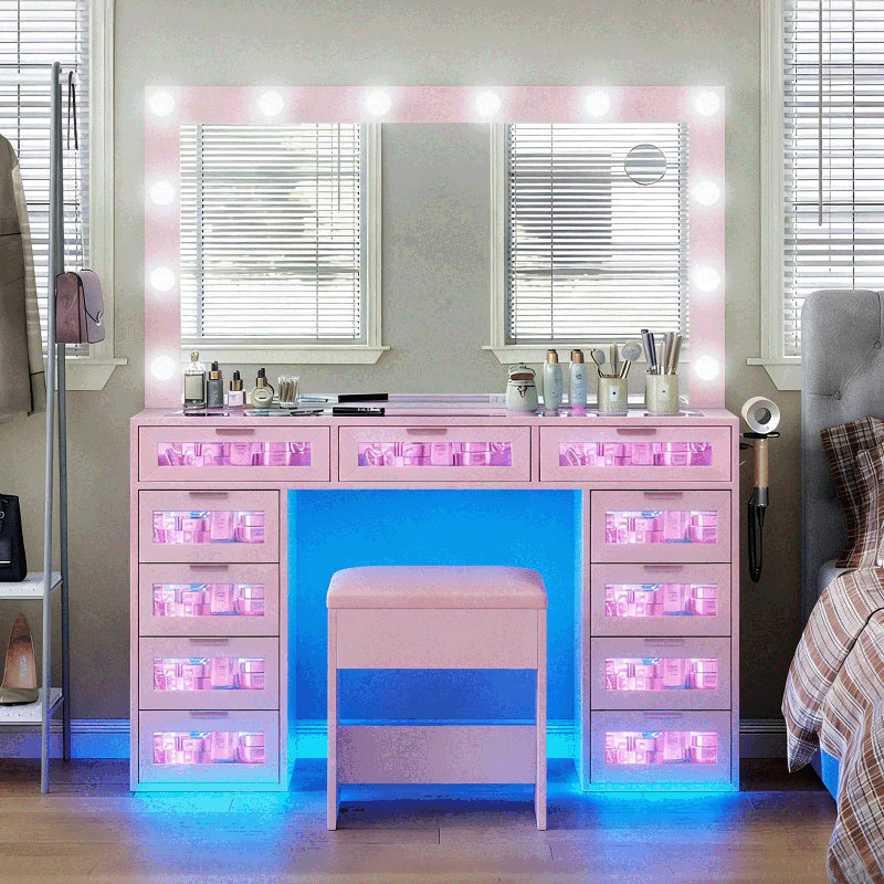 Bureau de coiffeuse avec miroir et lumières, coiffeuse 7 tiroirs RVB, coiffeuse de maquillage avec station de charge et tabouret de coiffeuse, pour chambre à coucher, vestiaire, rose