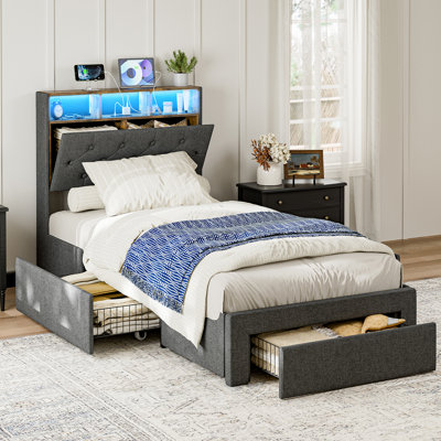 Structure de lit simple TG avec tiroirs de rangement, tête de lit cachée avec lumières à DEL et station de charge, lit plateforme simple tapissier TG, lattes en bois massif, aucun sommier nécessaire