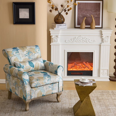 Chaise d'appoint en velours à imprimé floral avec coussin, pieds en bois massif