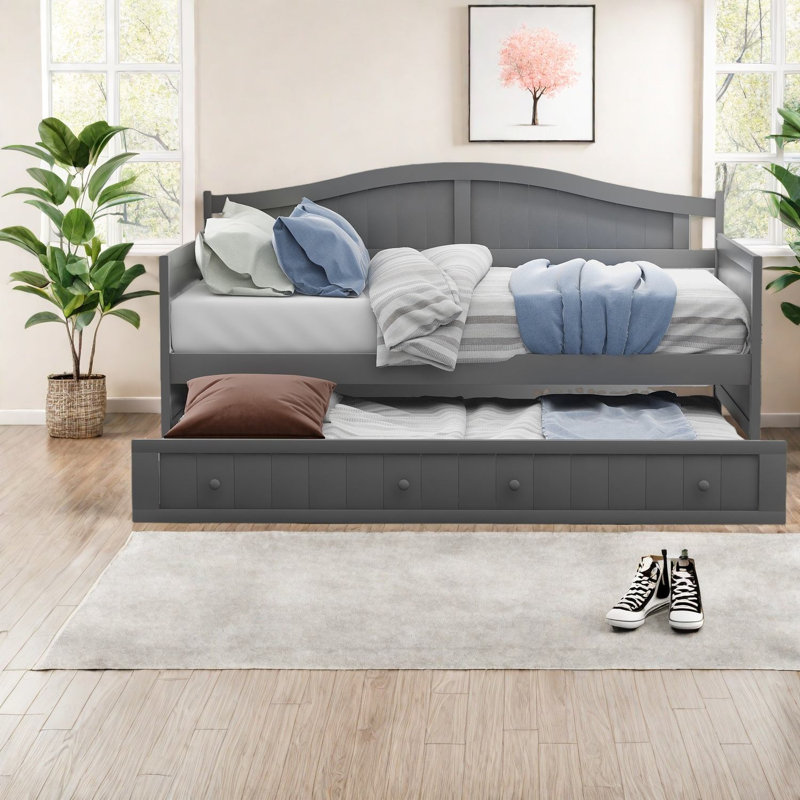 Lit de jour simple avec lit gigogne peu encombrant, fabrication en bois massif, design gris moderne pour toute pièce