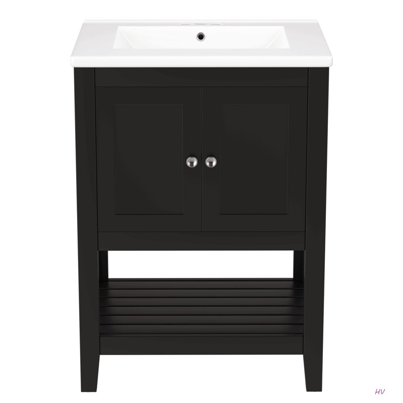 Lavabo de salle de bain moderne élégant en céramique 24 po avec tablette ouverte en bois massif, Noir