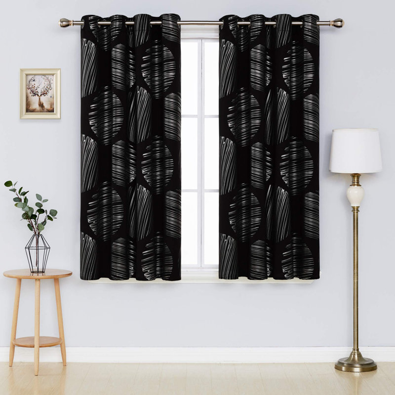 Sliver Foil Circle Print Thermal Insulated Blackout Curtains (Set Of 2), 52" W x 45" L, Black