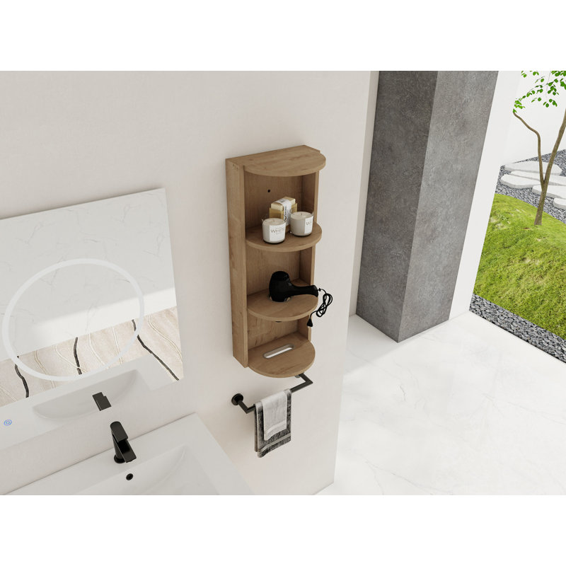 12" Bathroom Wall-Mounted Storage Rack, Float Mounting Design, Imitative Oak