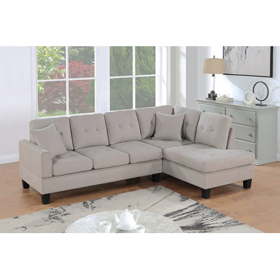 Living Room Furniture 2-PCS Sectional Sofa Set LAF Sofa And RAF Chaise Mushroom Color Tweeted-Like Velvet Tufted Couch Nailheads