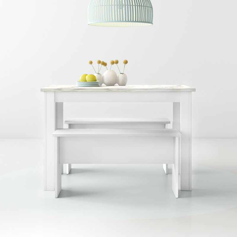 Romario Dining Set, White, White Marble, White Marble