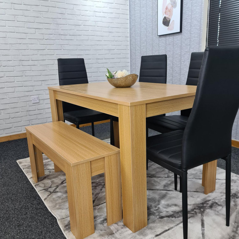 Light Wood Dining Table Set with Metal Chairs and Bench, Black