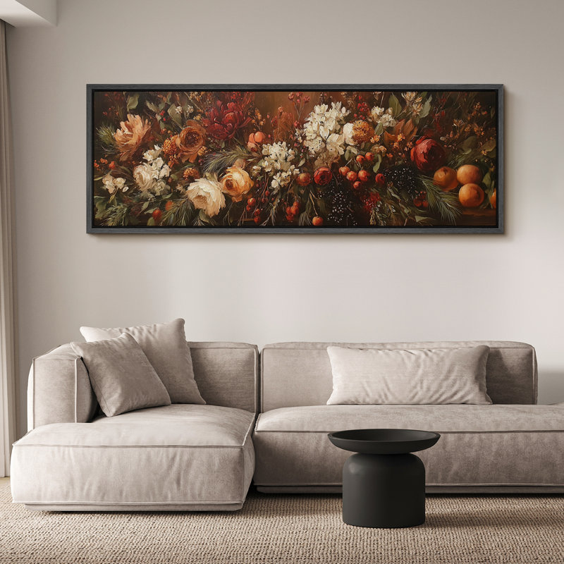 Large Framed Canvas Print Wall Art - Moody Floral Print for Dark Academic Holiday Decor, 20" H x 60" W, Black