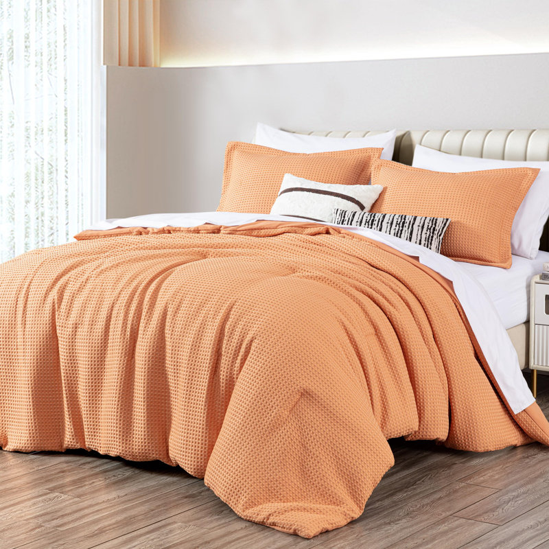 Wilmer Waffle Weave Textured Comforter Set, Queen Comforter + 2 Standard Shams, Toffee