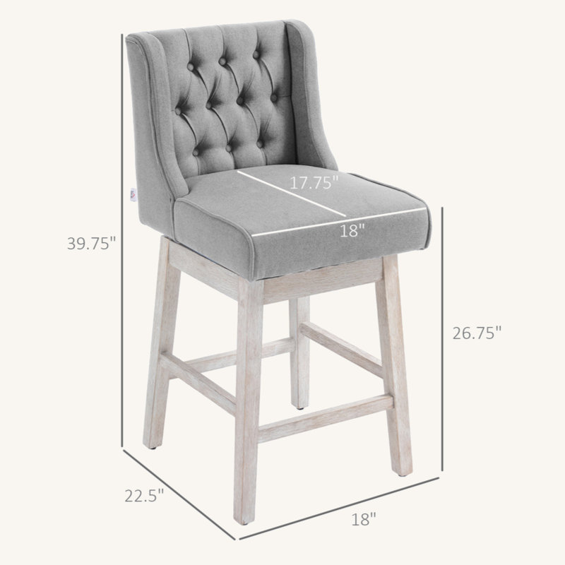 Counter Height Bar Stools Set Of 2, 180 Degree Swivel Barstools, 27" Seat Height Bar Chairs With Solid Wood Footres And Button Tufted Design, Grey