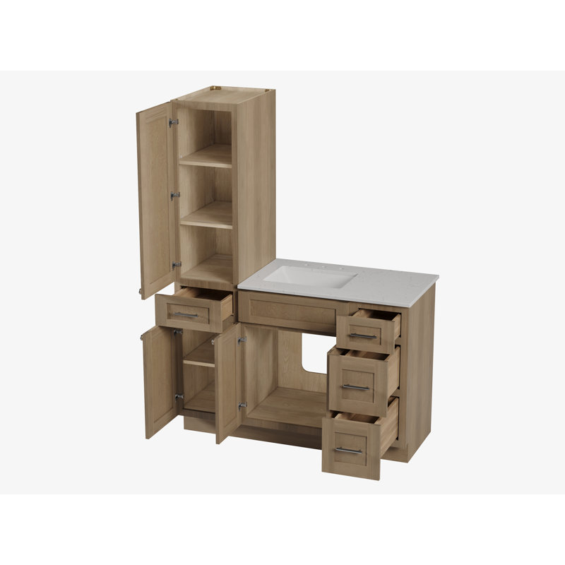 Disar 51' Single Bathroom Vanity With Left Linen Tall Cabinet Dovetail Solid Wood Drawer Carrara Quartz Top, Natural Oak