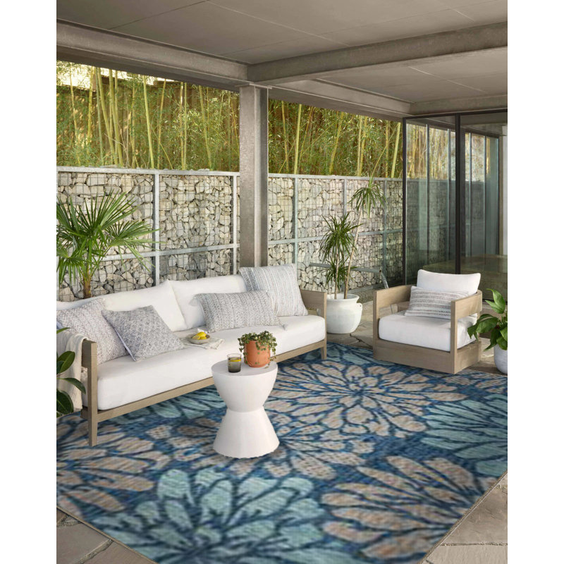 Tapis décoratif à motif de pivoines bleues et beiges Paris Collection, Rectangle 4 pi 11,06 po x 9 pi 10,11 po