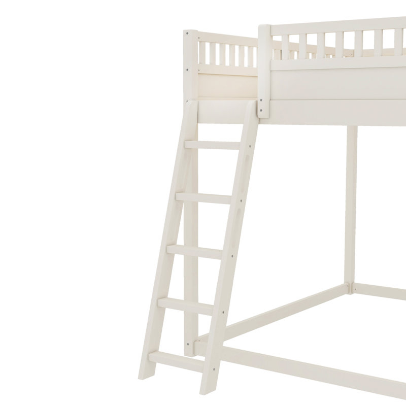 Grand lit mezzanine en bois massif avec tête de lit tapissier, tablettes de rangement et glissoire, Grand lit, Beige
