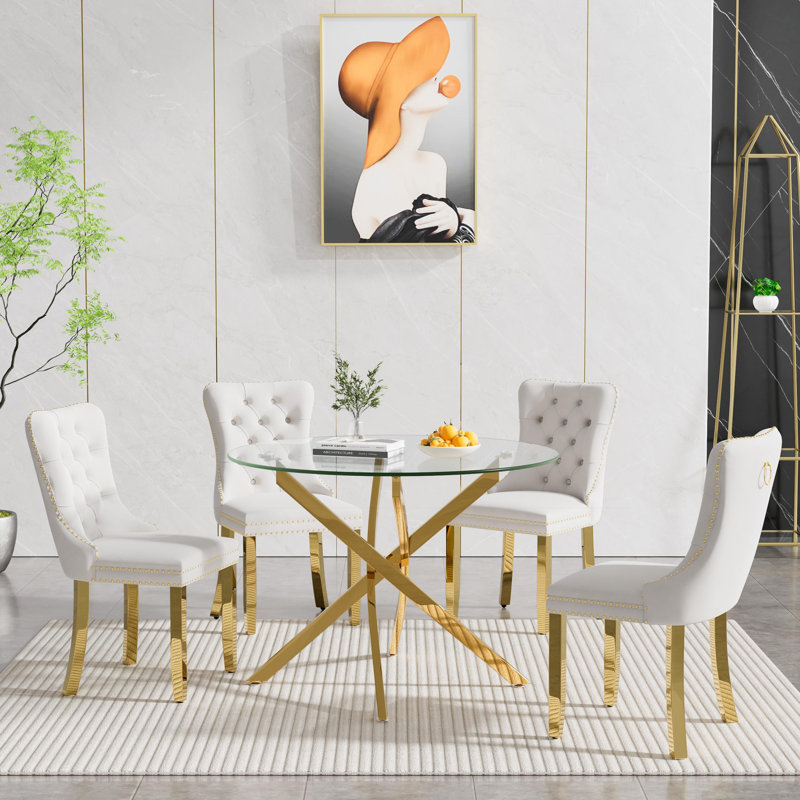 Ensemble de table à manger ronde 5 pièces pour 4 personnes, table de cuisine ronde en verre de 91 cm avec base en métal en forme de X et 4 chaises capitonnées en velours (ensemble de 5)