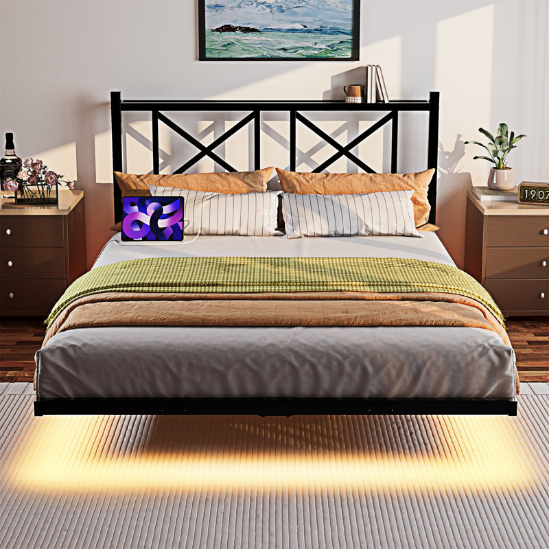 Cadre de lit plateforme flottant avec charge USB et lumières DEL, Grand lit