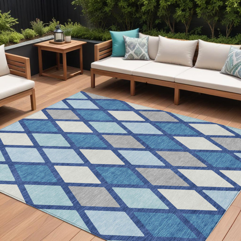 Tapis intérieur / extérieur lavable 9 pi x 12 pi bleu ciel, bleu ciel et ivoire